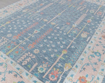 Blue Pink Garden Pine Tree Of life Rug Modern Oushak Rug Premium Wool Hand Knotted Turkish Inspired, #2524