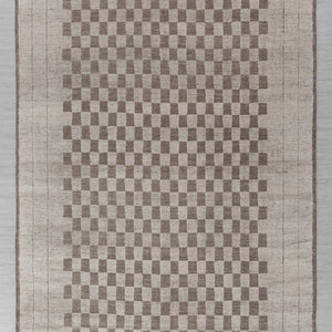 Brown Cream Cheque Soft Wool Rug Moroccan Beni Ourain Hand Knotted Wool ...
