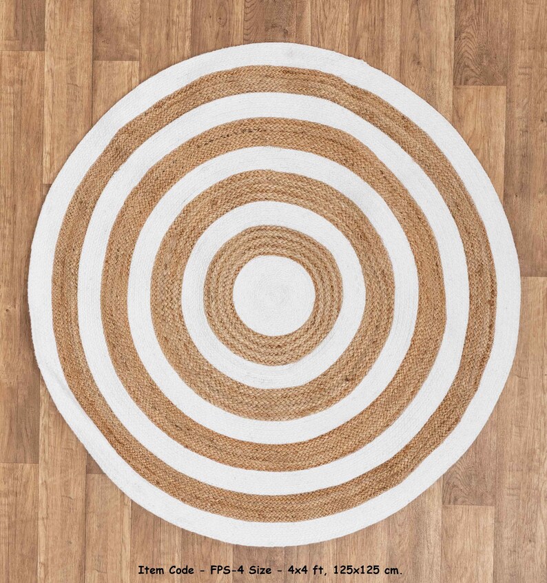 4x4 Round Rug Braided Jute Cotton With White Etsy