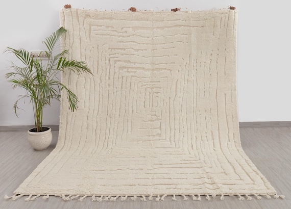 White Soft Wool Rug Moroccan Beni Ourain Hand Knotted Wool 