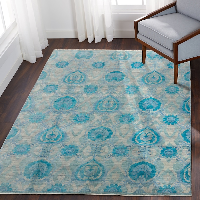 8x10 Rug Handmade Soft Wool Rug Color Aqua Blue 100 WOOL Rug Etsy