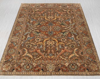 Handgeknüpfter Wollteppich 8x10 | Klassisches Design in Braun, Blau und Gold