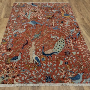 6x9 Rust Birds Garden Fine Quality Soft Hand Knotted Wool Rug JC-79