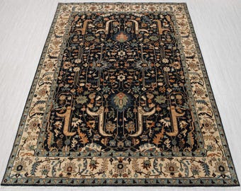 Navy Blue Cream Serapi Tabriz Reproduction Fine Density Soft Hand Knotted Wool Rug, -G-10261, Custom Size Available