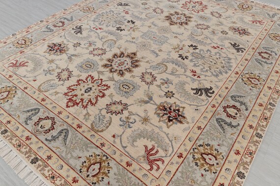 8x10 Cream L.Grey Indo Peshawar  Persian Retro Kerman Hand Knotted High Quality 100% Wool Rug-2839