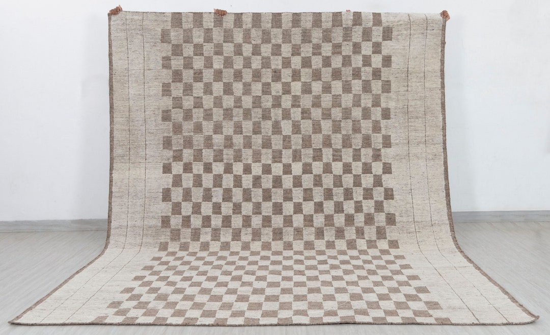 Brown Cream Cheque Soft Wool Rug Moroccan Beni Ourain Hand Knotted Wool ...