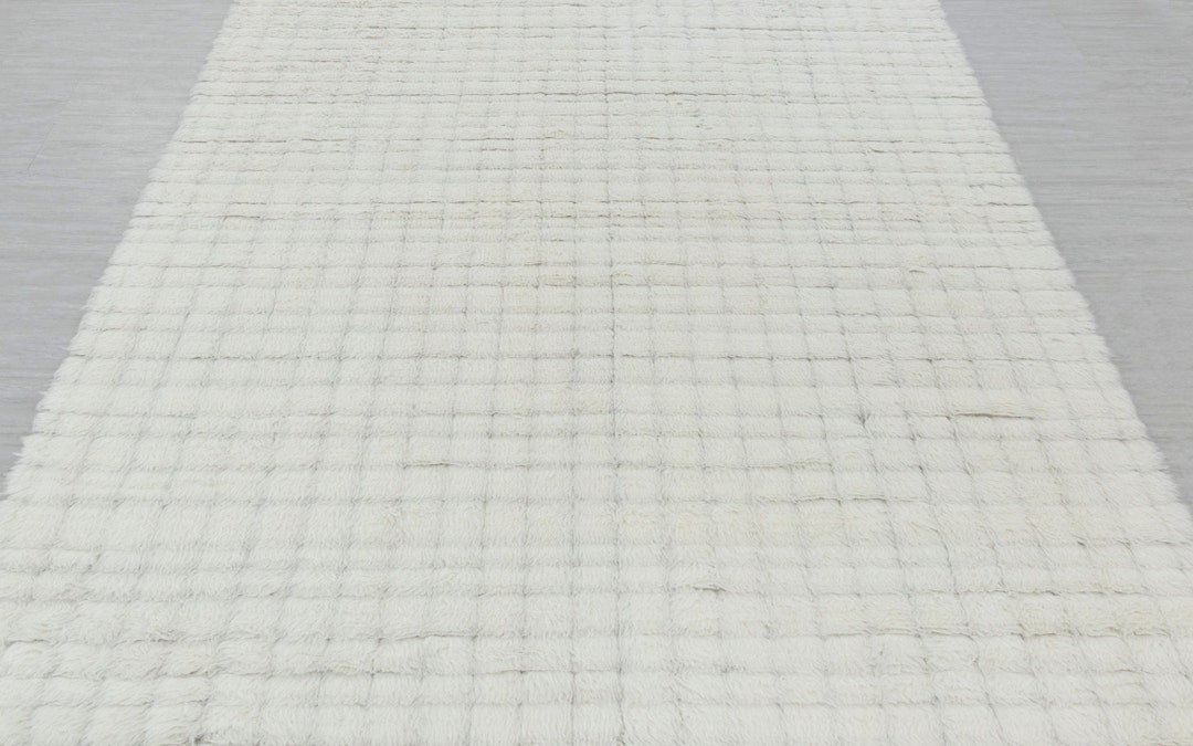 White Cheque Box Soft Wool Rug Moroccan Beni Ourain Hand Knotted Wool ...