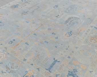Grey Blue Garden Pine Tree Of life Rug Modern Oushak Rug Premium Wool Hand Knotted Turkish Inspired, #2622