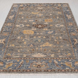 Tappeto Oushak annodato a mano in morbida lana, di qualità, grigio blu, moderno, aspetto neutro, 10x14 - G-12506