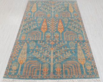 Alfombra de lana anudada a mano de alta calidad con ciprés azul vibrante de 6 x 9 pulgadas JC-1917