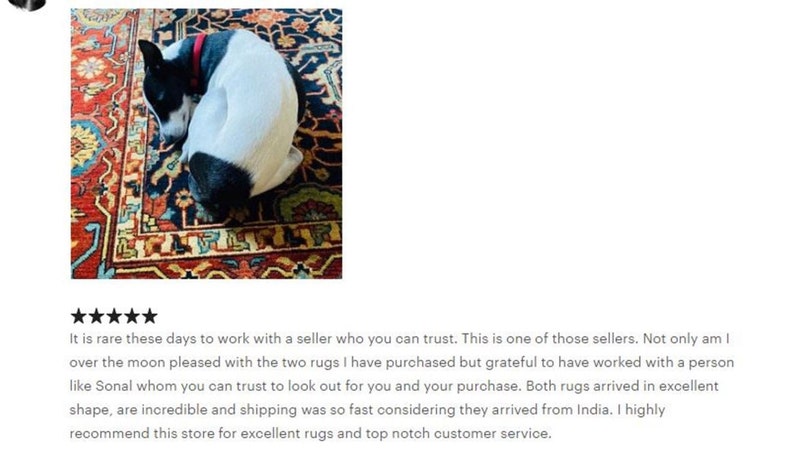 May include: Five star review with text praising a seller for their excellent customer service and fast shipping of two rugs. The review includes a photo of a black and white dog sleeping on a colorful rug.