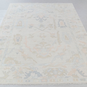 May include: A cream-colored rug with a traditional Persian design in shades of light blue, peach, and beige. The rug has a fringe border.