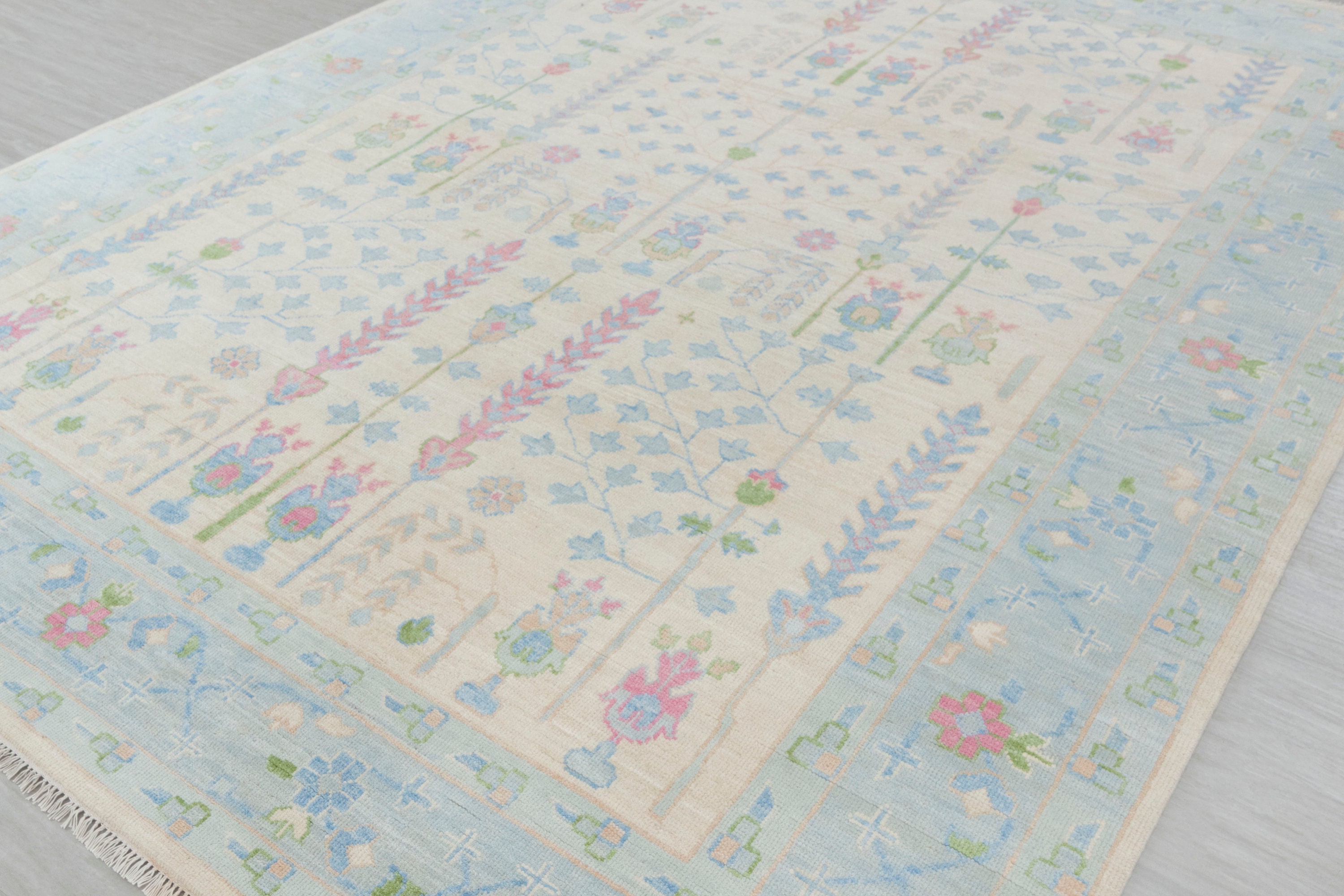 Cream Blue Garden Pine Tree Of life Rug Modern Oushak Rug Premium Wool Hand Knotted Turkish Inspired, #2174
