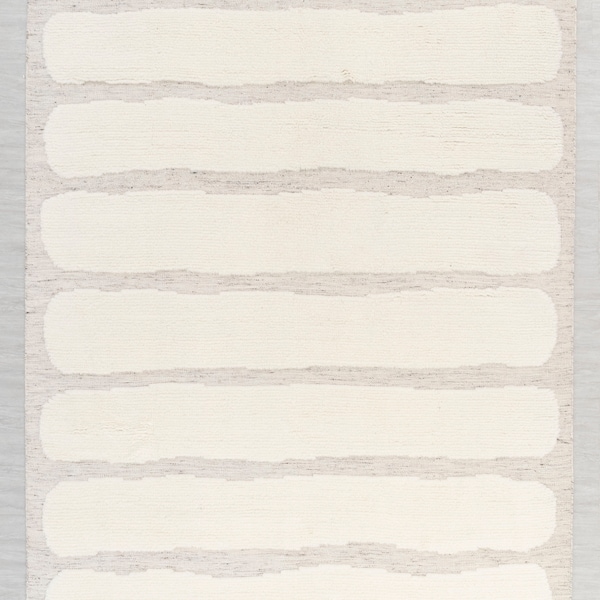 Ivory White Grey Soft Wool Modern Moroccan Inspired HandKnotted Rug- #JD-7