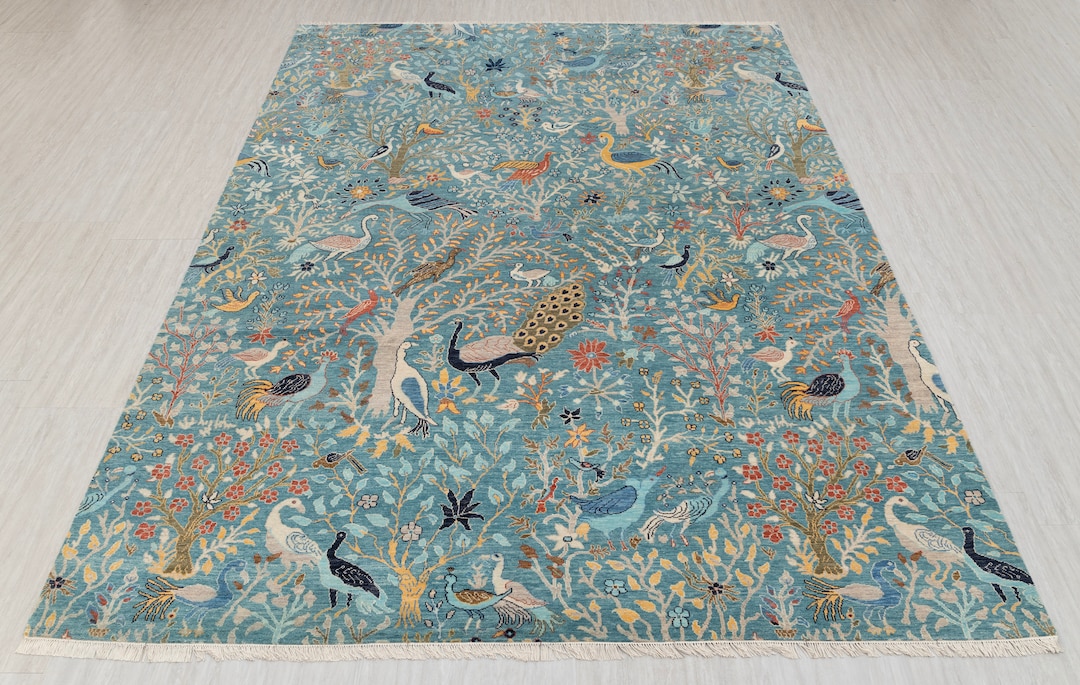 Blue Peacock High Quality Birds Garden Scene Soft Hand Knotted Hand ...