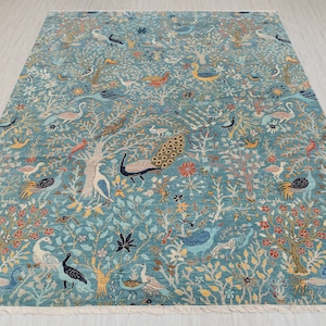 Blue Peacock High Quality Birds Garden Scene Soft Hand Knotted Hand Spun Wool Rug 2619, CUSTOMISE in any Size.