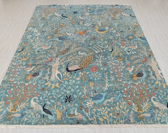 Blue Peacock High Quality Birds Garden Scene Soft Hand Knotted Hand Spun Wool Rug 2619, CUSTOMISE in any Size.