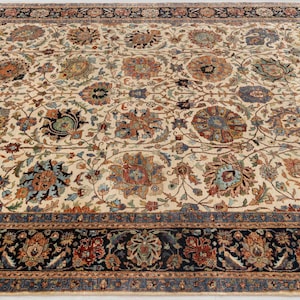 Cream Blue Persian Tabriz Reproduction Fine Density Soft Hand Knotted Wool Rug, -G-11381