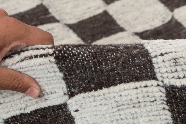 Ivory Charcoal Brown Cheque Soft Wool Rug Moroccan Beni Ourain Hand ...