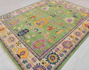 8x10 Green Colorful Turkish Style Decorative Modern Oushak Soft Wool Hand Knotted Rug G-12469