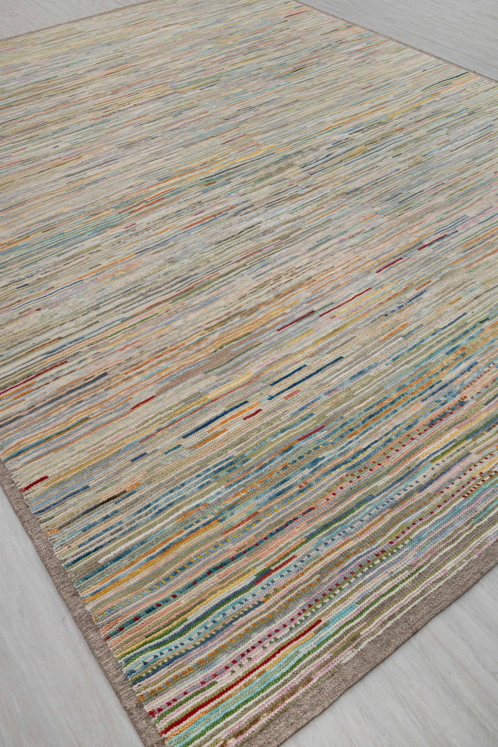 9x12 カラフルなレインボーストライプのモダンで現代的なハンドノット
