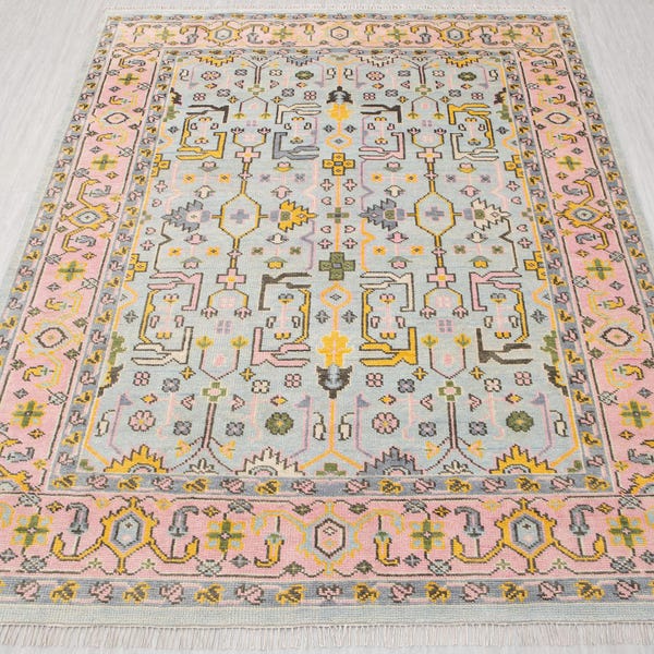 8x10 Blue Pink Sultanabad inspired Soft Feel Oushak Style Hand Knotted Wool Rug g-10552