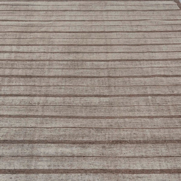 Ivory Grey Brown Stripes Distressed Hand knotted Boho Rug Moroccan Style, Customize in any size..1573 - 18576