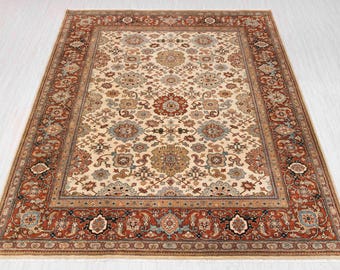Hand Knotted Bijar Rug 8x10 | Classic Design, Cream Rust Blue Wool