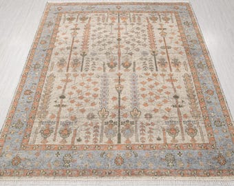 8x10 Hand Knotted Wool Rug, Cream & Blue Oushak Tree of Life Design