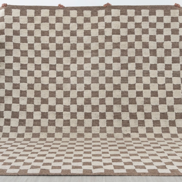 Ivory Brown Cheque Soft Wool Rug Moroccan Beni Ourain Hand Knotted Wool Rug, CUSTOMIZE in any size-MRC-23 - 20012