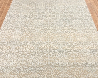 8x10 ラグ ベージュ フラワー シルバー アクア ハンドメイド ウール