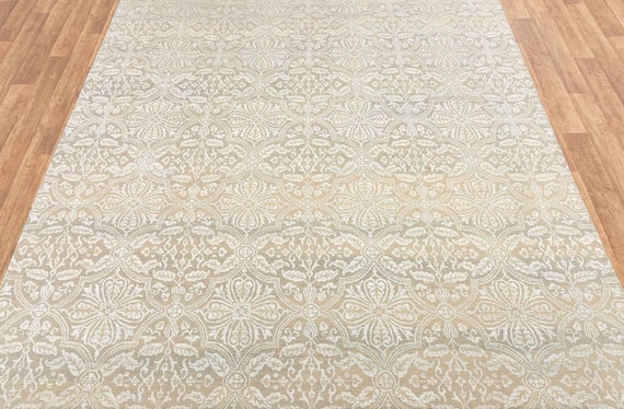 8x10 Rug Beige Flower Silver Aqua Handmade Wool Silk Transitional #7212 (242x300 Cms.)