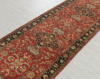 2.7x10 Stairs Rug  Red Navy  Retro High Quality Vintage Finish Hand Knotted Wool Rug,  Rug-5831