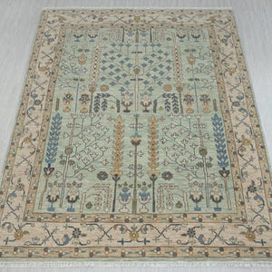 Light Soft Green Ivory Tree of life Modern Designer  Soft Oushak Turkish Style Wool Ushak,CUSTOMIZE in any Size.6237
