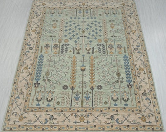 Light Soft Green Ivory Tree of life Modern Designer  Soft Oushak Turkish Style Wool Ushak,CUSTOMIZE in any Size.6237
