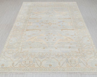 May include: A light blue rug with a beige pattern. The rug has a central medallion with a floral design and a border with a repeating pattern.