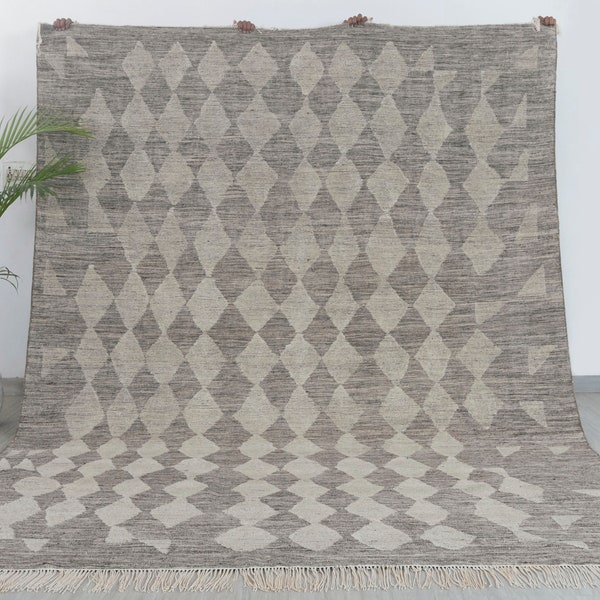 Natural Grey Moroccan Wool Handknotted Distressed finish Boho Rug, Customize in any size-2081 MRC-15 - 18198