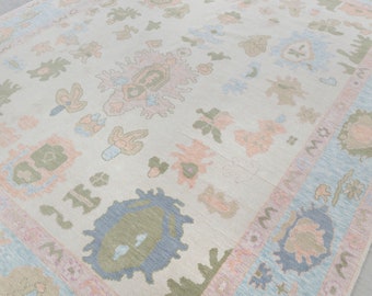 Cream Light Blue Premium Hand Knotted Modern Oushak Rug Premium Wool Hand Knotted Turkish Inspired, #2397 Vivien