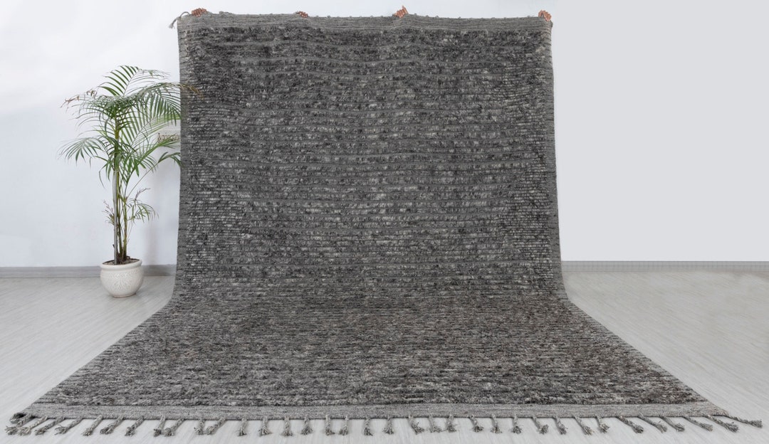 Thick Wool Ribbed Rug Earth Charcoal Ribbed Wool Thick Hand Knotted Moroccan Wool Pile Shag ...