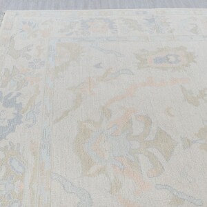 May include: A light beige rug with a floral pattern in shades of blue, pink, and brown. The rug has a subtle distressed look, giving it a vintage feel.
