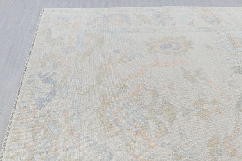 May include: A light beige rug with a floral pattern in shades of blue, pink, and brown. The rug has a subtle distressed look, giving it a vintage feel.