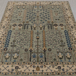 Light Soft Green Ivory Tree of life Modern Designer  Soft Oushak Turkish Style Wool Ushak,CUSTOMIZE in any Size.6237
