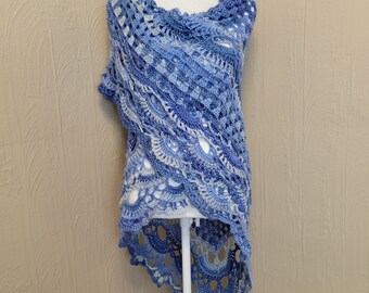 Boho Shawl / Handmade Crochet Shawl / Wrap Shawl / Triangle Scarf / Ready to Ship / Blue Lavender White