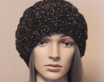 Chunky Knit Beret: Black Tweed, Oversized Slouchy Beanie