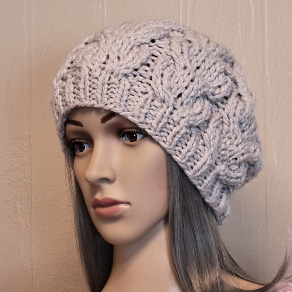 Chunky Knit Beret, Oversized Beanie, French Beret, Boho Hand Knitted Hat, Slouchy Beanie, Tan, Ready to ship