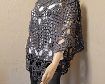 Boho Poncho, Crochet Lacy Poncho, Women's Summer Coverup, Summer Cape, Dark Grey Poncho, Bohemian Style Poncho