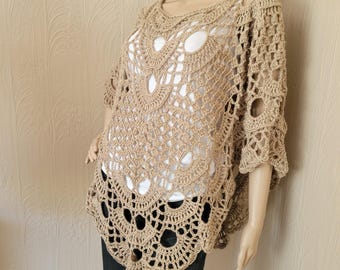 Boho Poncho, Crochet Lacy Poncho, Women's Summer Coverup, Summer Cape, Beige Poncho, Bohemian Style Poncho