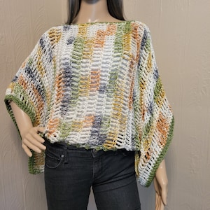 Boho Crochet Mesh Slouchy Top Poncho Blouse Net Crop Top Summer Cotton Top Voyage Outfit White Green Orange Grey Mustard