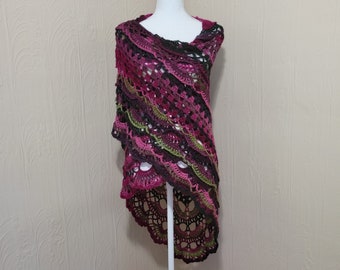 Boho Shawl Handmade Crochet Triangle Shawl Wrap Rose Green Purple Ready to Ship