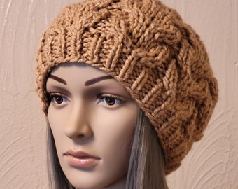 Chunky Knit Beret, Oversized Beanie, French Beret, Boho Hand Knitted Hat, Slouchy Beanie, Camel Color , Ready to ship